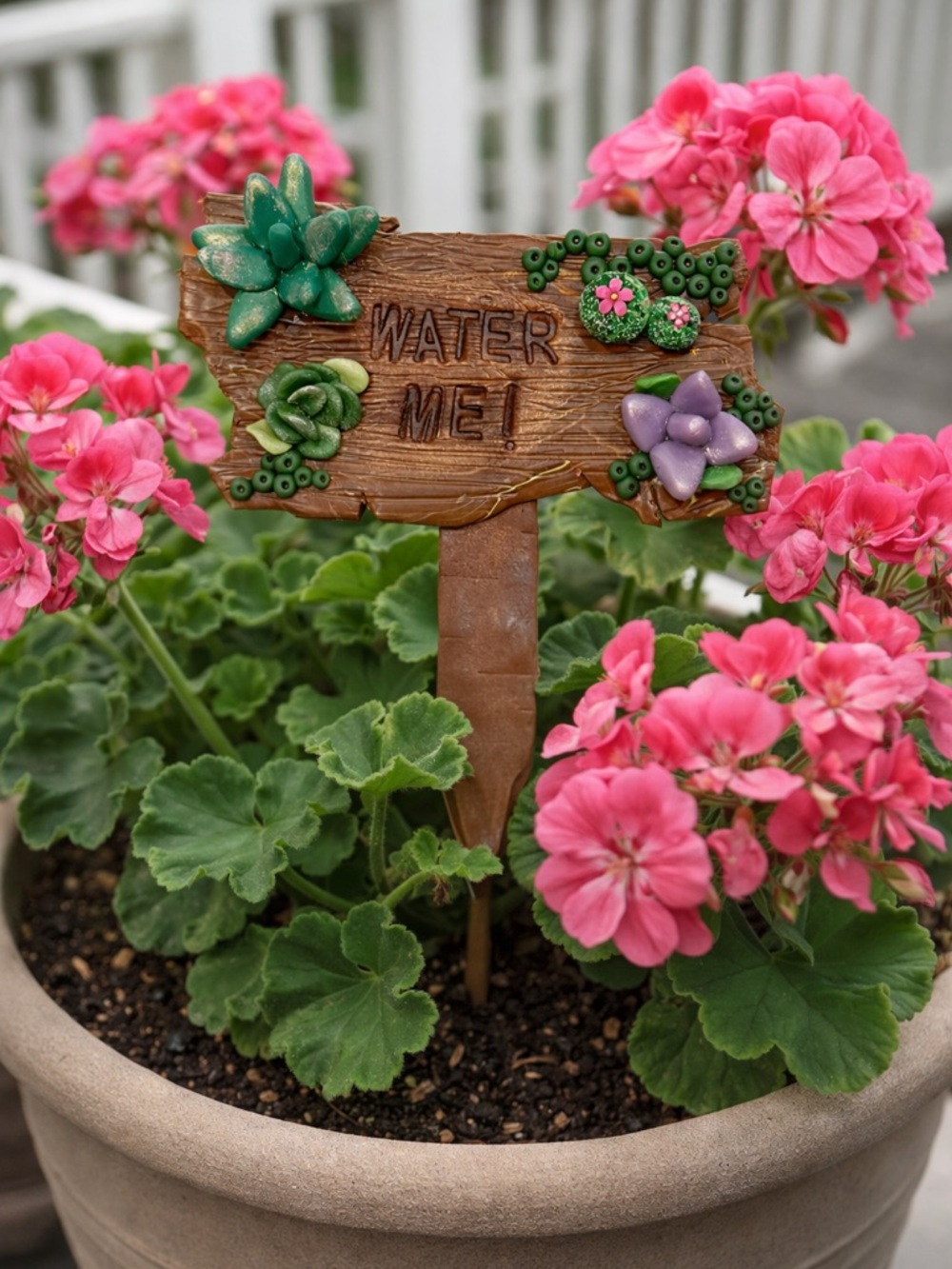 Garden Stake Sign "Water Me!" with Succulent Accents - Pink & green handmade 6”